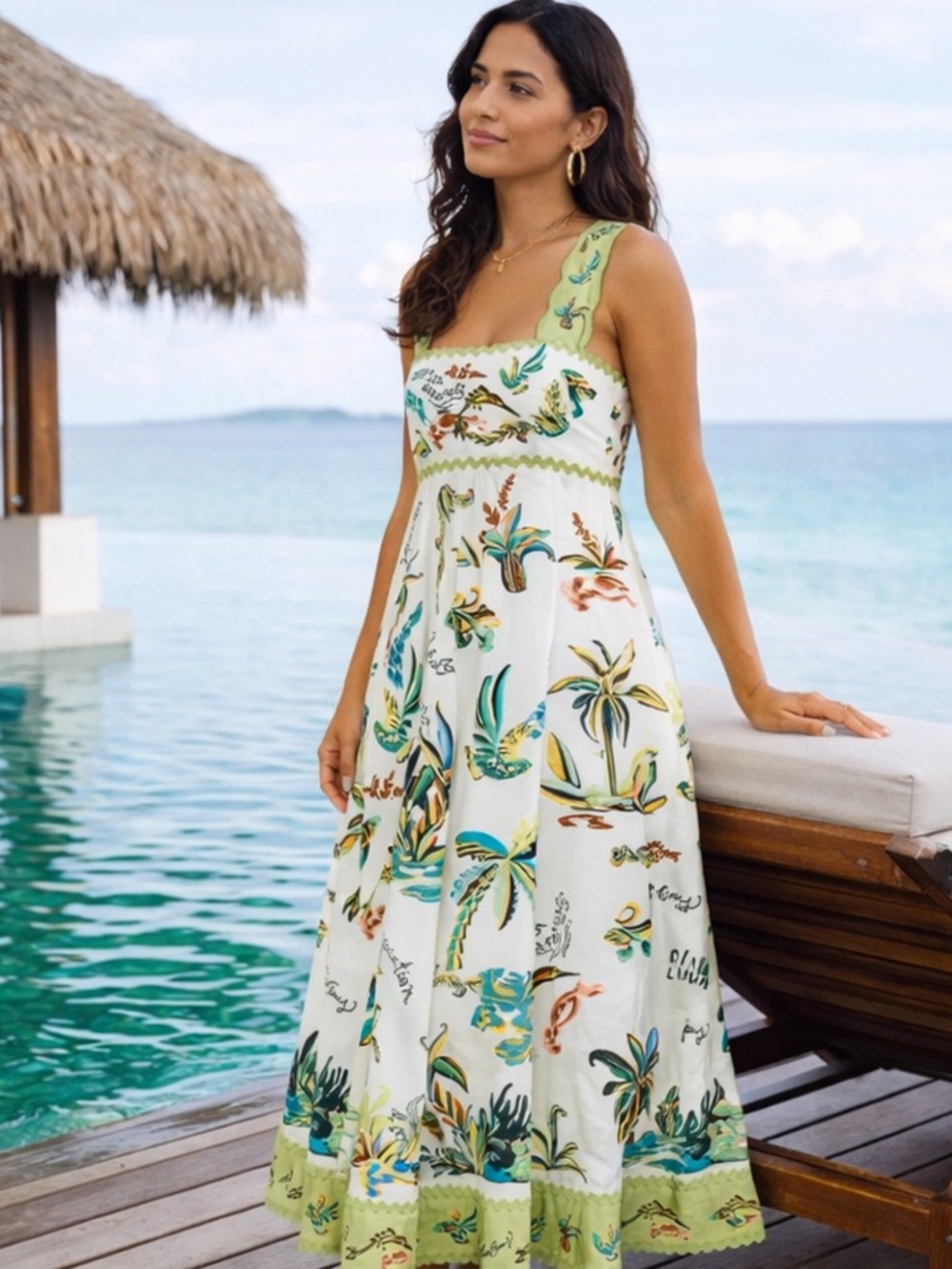 Like New Alémais Day Dream Summer MIDI Dress in Cream & Green Multi Size US 6